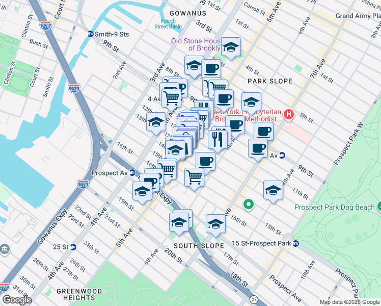 map of restaurants, bars, coffee shops, grocery stores, and more near 515 5th Avenue in Brooklyn