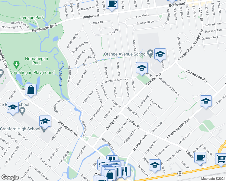 map of restaurants, bars, coffee shops, grocery stores, and more near 11 Oak Lane in Cranford