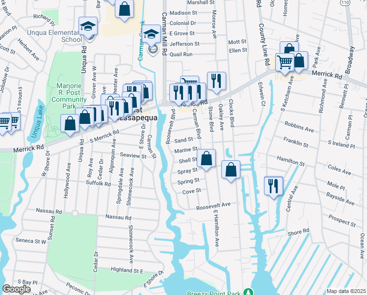 map of restaurants, bars, coffee shops, grocery stores, and more near 68 Marine Street in Massapequa