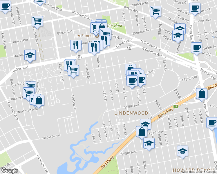 map of restaurants, bars, coffee shops, grocery stores, and more near 151-24 79th Street in Queens