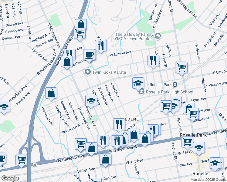 map of restaurants, bars, coffee shops, grocery stores, and more near 600 Laurel Avenue in Roselle Park