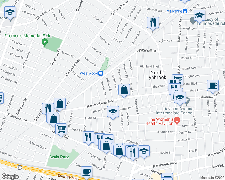 map of restaurants, bars, coffee shops, grocery stores, and more near 37 Webster Street in Lynbrook