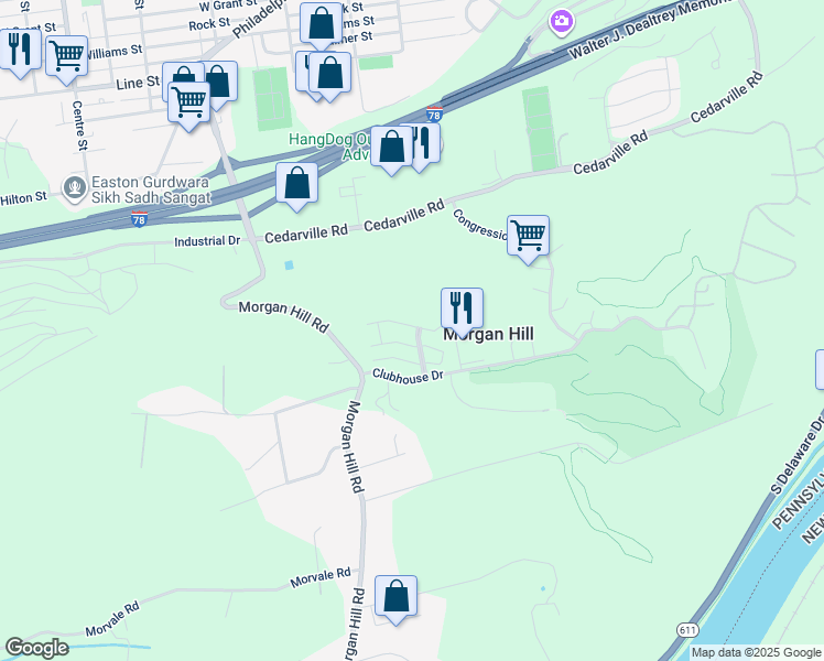 map of restaurants, bars, coffee shops, grocery stores, and more near 307 Waterford Terrace in Easton