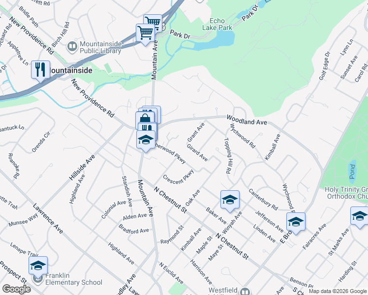 map of restaurants, bars, coffee shops, grocery stores, and more near 727 Girard Avenue in Westfield