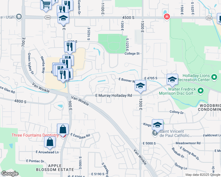map of restaurants, bars, coffee shops, grocery stores, and more near 1111 Brigadoon Court in Millcreek