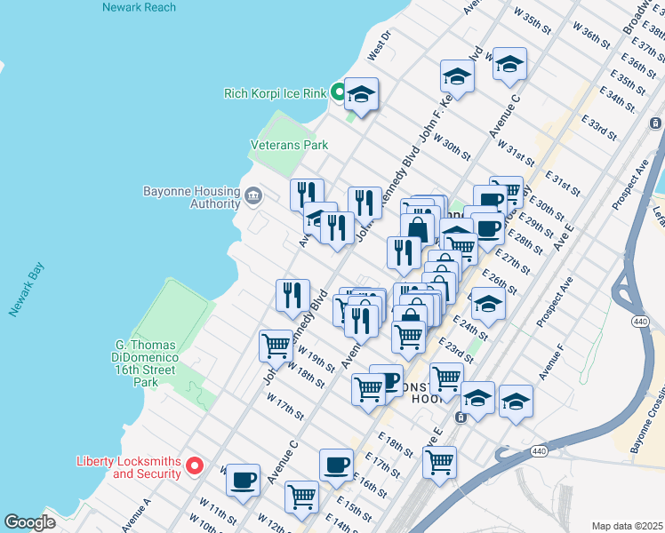map of restaurants, bars, coffee shops, grocery stores, and more near in Bayonne
