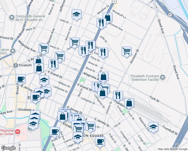 map of restaurants, bars, coffee shops, grocery stores, and more near 917 Magnolia Avenue in Elizabeth