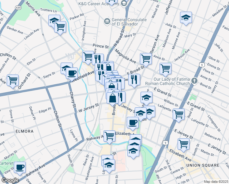 map of restaurants, bars, coffee shops, grocery stores, and more near 142 Broad Street in Elizabeth