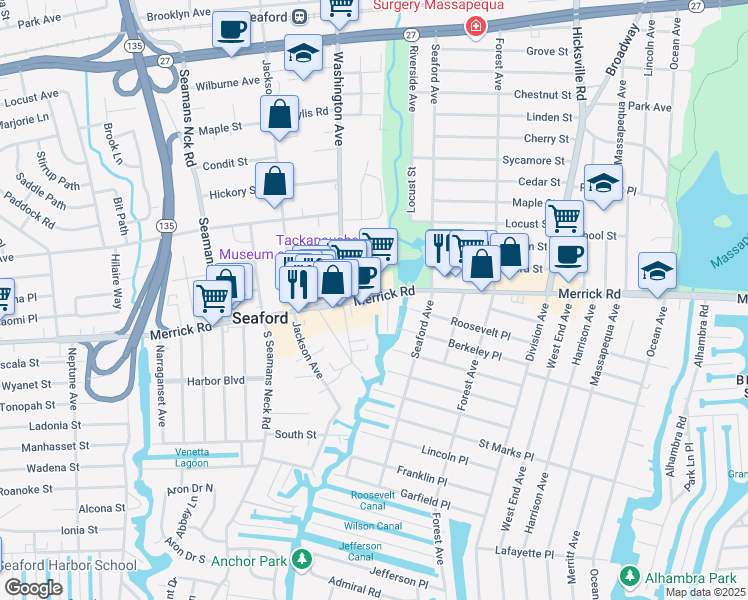 map of restaurants, bars, coffee shops, grocery stores, and more near 4040 Merrick Road in Seaford