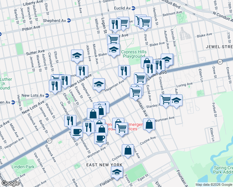 map of restaurants, bars, coffee shops, grocery stores, and more near 523 Milford Street in Brooklyn