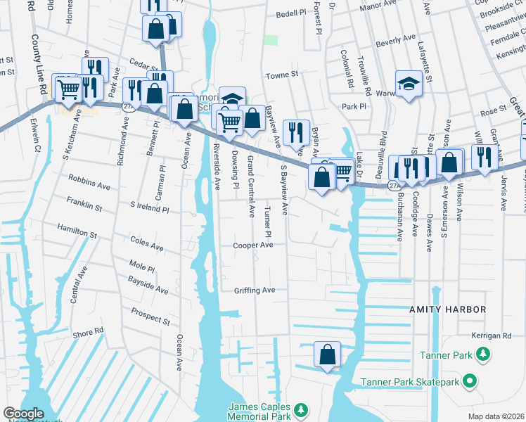 map of restaurants, bars, coffee shops, grocery stores, and more near 13 Turner Pl in Amityville