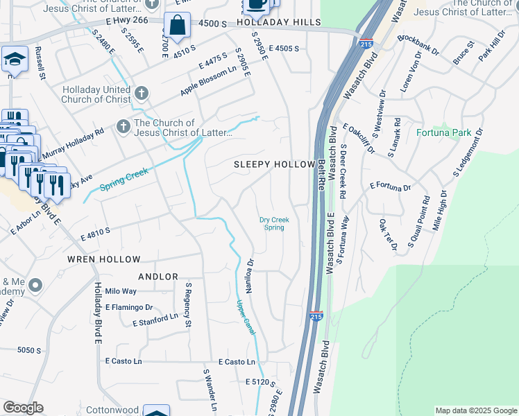 map of restaurants, bars, coffee shops, grocery stores, and more near 4740 Bron Breck Street in Holladay