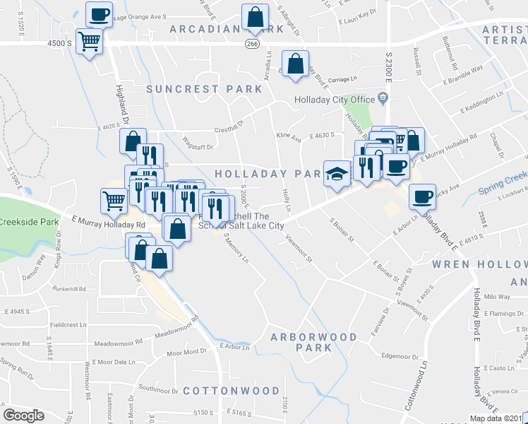 map of restaurants, bars, coffee shops, grocery stores, and more near 2050 East Delmont Drive in Holladay