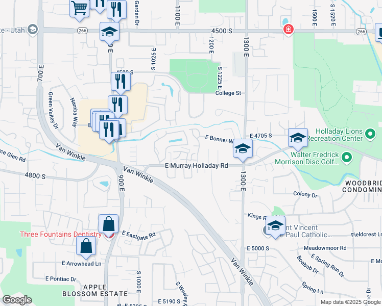 map of restaurants, bars, coffee shops, grocery stores, and more near 1111 Brigadoon Court in Millcreek