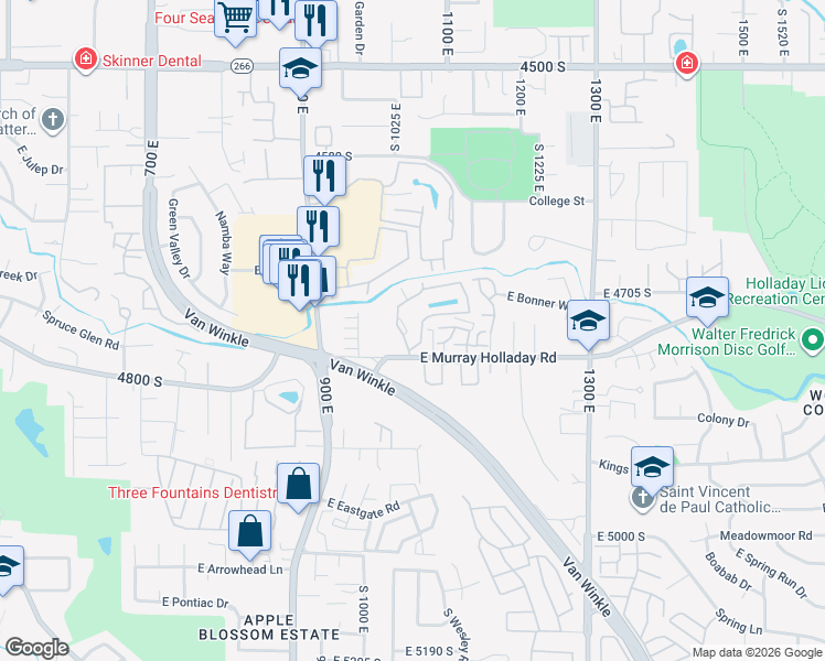 map of restaurants, bars, coffee shops, grocery stores, and more near 4571 Woodduck Lane in Millcreek
