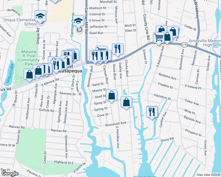 map of restaurants, bars, coffee shops, grocery stores, and more near 78 Marine Street in Massapequa