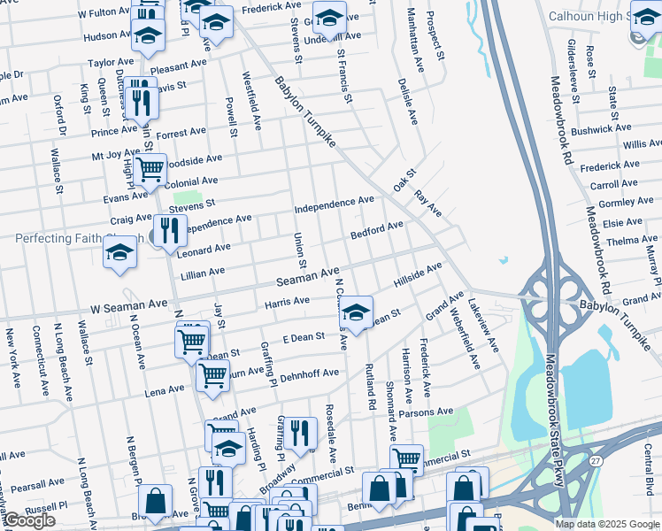 map of restaurants, bars, coffee shops, grocery stores, and more near 151 East Seaman Avenue in Freeport