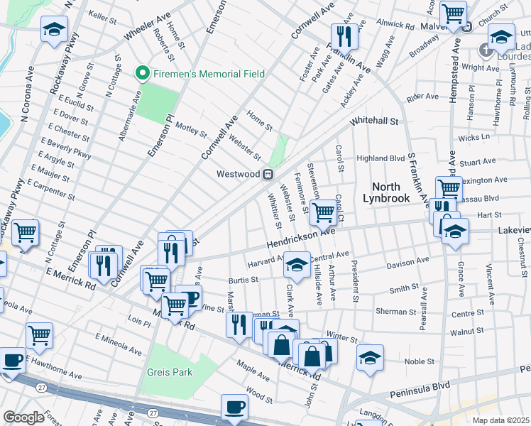 map of restaurants, bars, coffee shops, grocery stores, and more near 49 Hawthorne Street in Lynbrook