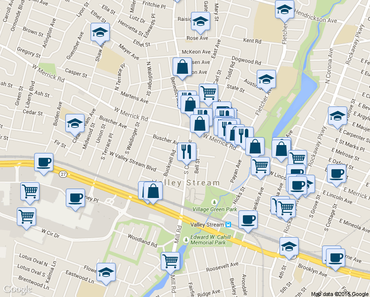 map of restaurants, bars, coffee shops, grocery stores, and more near 38 South Central Avenue in Valley Stream