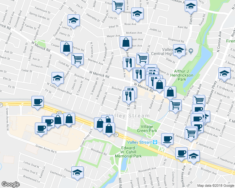 map of restaurants, bars, coffee shops, grocery stores, and more near 119 Pilgrim Place in Valley Stream