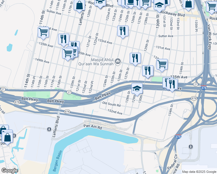 map of restaurants, bars, coffee shops, grocery stores, and more near 149-25 125th Street in Queens