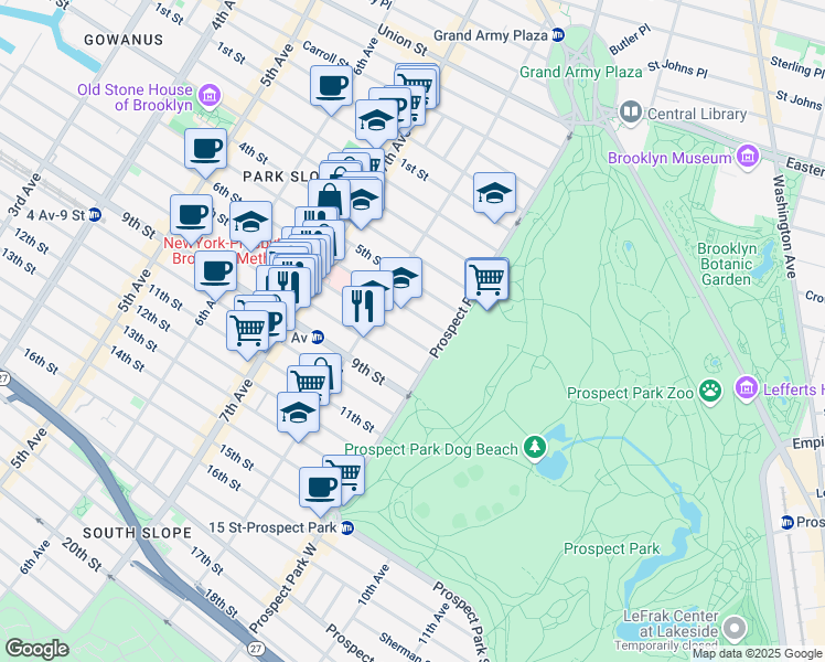 map of restaurants, bars, coffee shops, grocery stores, and more near 581 7th Street in Brooklyn