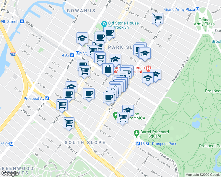 map of restaurants, bars, coffee shops, grocery stores, and more near 516 10th Street in Brooklyn