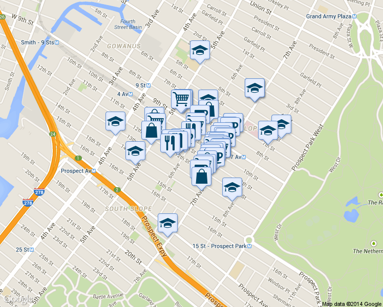 map of restaurants, bars, coffee shops, grocery stores, and more near 422 11th Street in Brooklyn