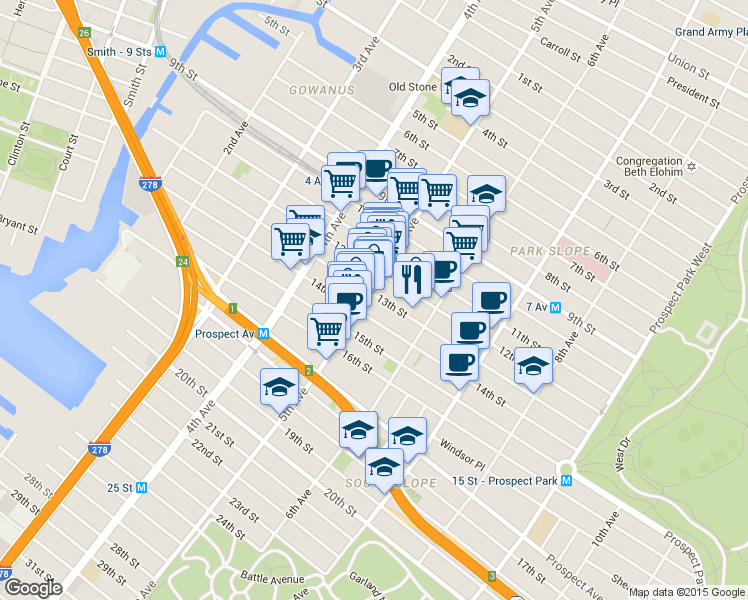 map of restaurants, bars, coffee shops, grocery stores, and more near 285 13th Street in Brooklyn