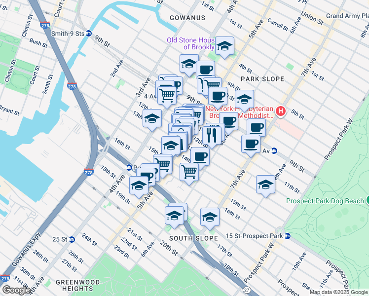 map of restaurants, bars, coffee shops, grocery stores, and more near 285 13th Street in Brooklyn