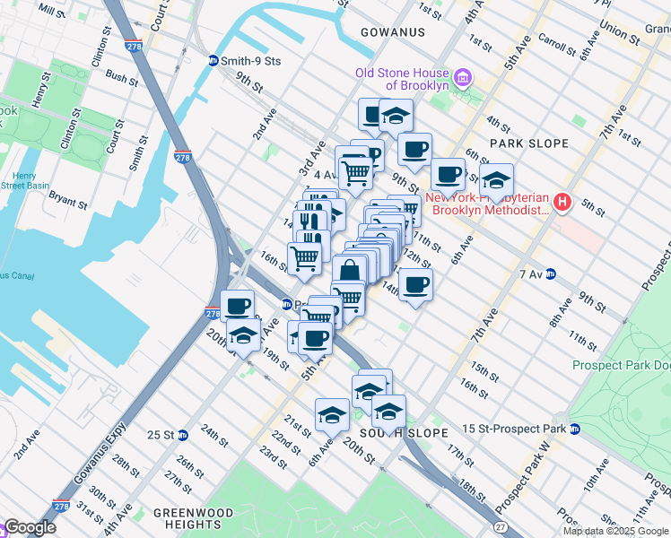 map of restaurants, bars, coffee shops, grocery stores, and more near 173 15th Street in Brooklyn