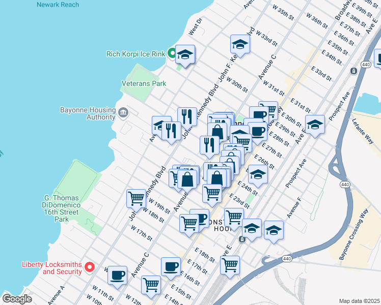 map of restaurants, bars, coffee shops, grocery stores, and more near 81-83 East 24th Street in Bayonne