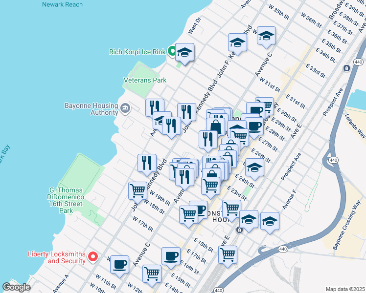 map of restaurants, bars, coffee shops, grocery stores, and more near in Bayonne