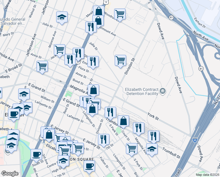 map of restaurants, bars, coffee shops, grocery stores, and more near 815 Anna Street in Elizabeth