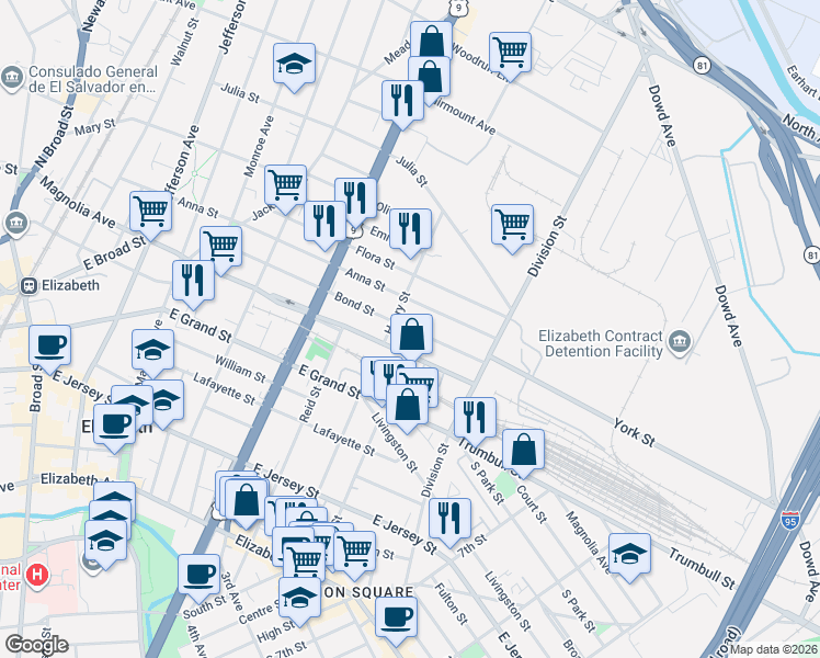 map of restaurants, bars, coffee shops, grocery stores, and more near 874 Bond Street in Elizabeth
