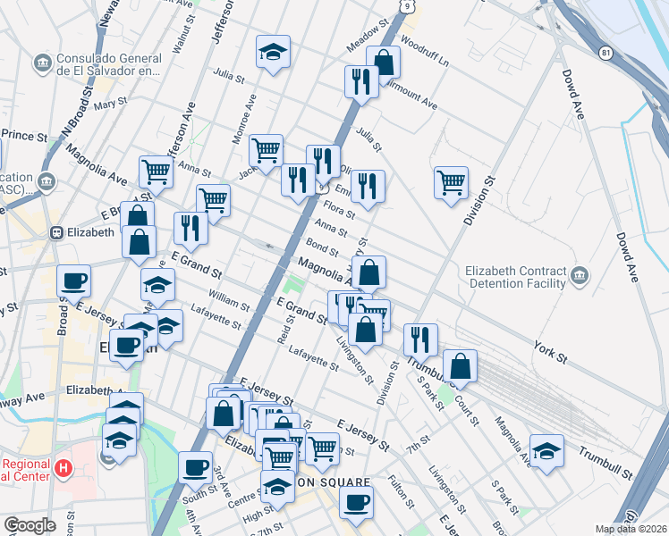 map of restaurants, bars, coffee shops, grocery stores, and more near 917 Magnolia Avenue in Elizabeth