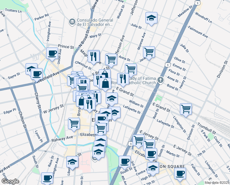 map of restaurants, bars, coffee shops, grocery stores, and more near 1091 William Street in Elizabeth