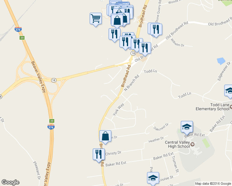 map of restaurants, bars, coffee shops, grocery stores, and more near 324 Brohios Dr in Monaca