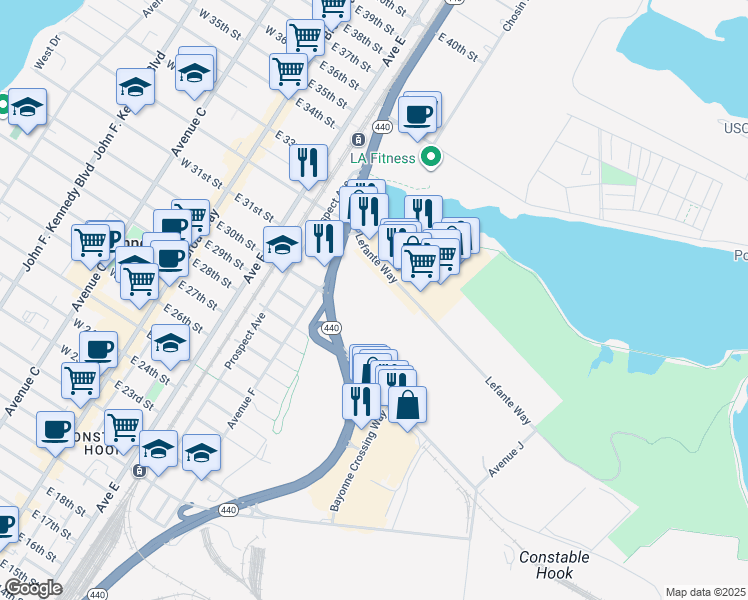 map of restaurants, bars, coffee shops, grocery stores, and more near 99 New Hook Road in Bayonne