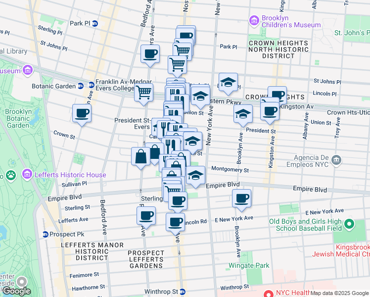 map of restaurants, bars, coffee shops, grocery stores, and more near 299 Crown Street in Brooklyn