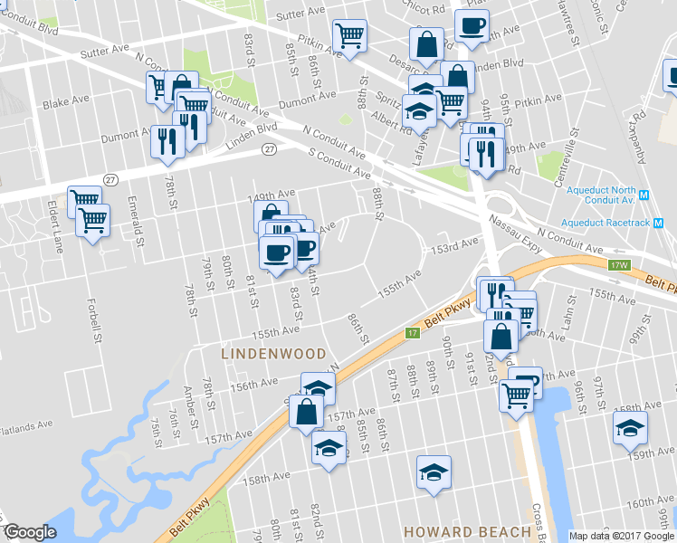 map of restaurants, bars, coffee shops, grocery stores, and more near 87-64 153rd Avenue in Queens