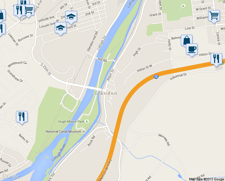 map of restaurants, bars, coffee shops, grocery stores, and more near 42 2nd Street in Easton