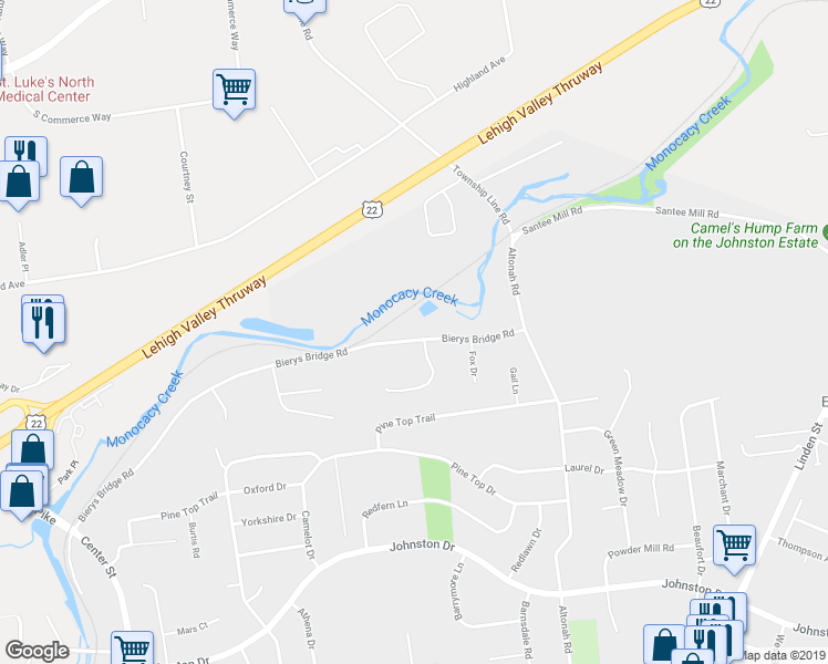 map of restaurants, bars, coffee shops, grocery stores, and more near 541 Bierys Bridge Road in Bethlehem
