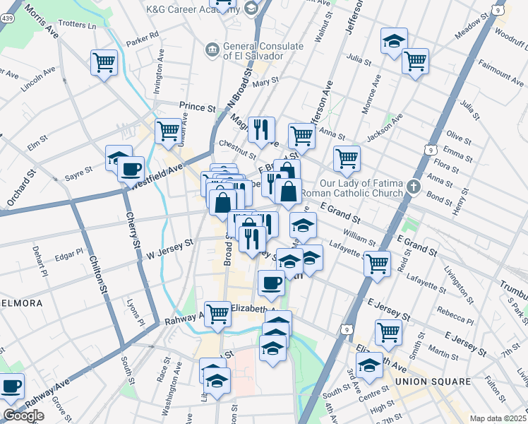 map of restaurants, bars, coffee shops, grocery stores, and more near 1160 East Grand Street in Elizabeth