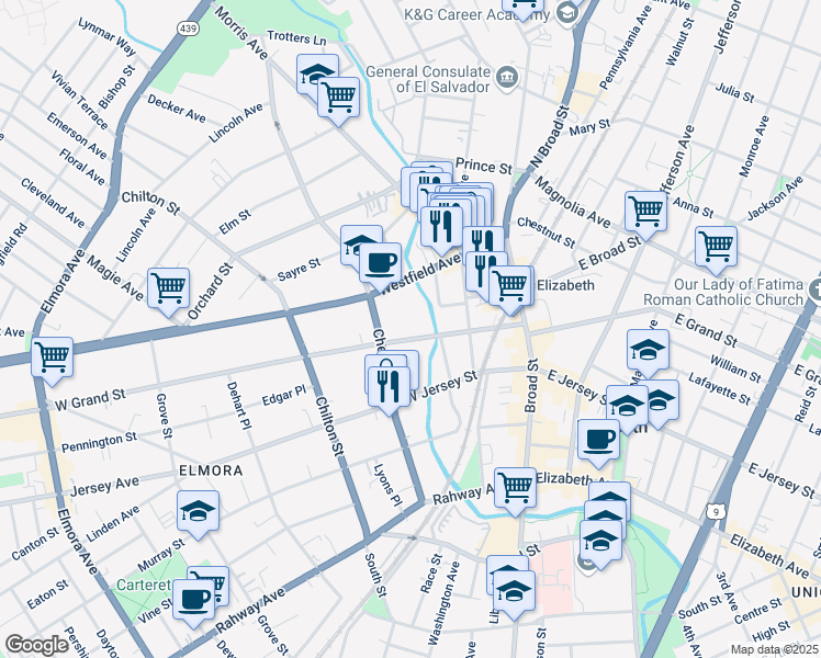 map of restaurants, bars, coffee shops, grocery stores, and more near 79 West Grand Street in Elizabeth