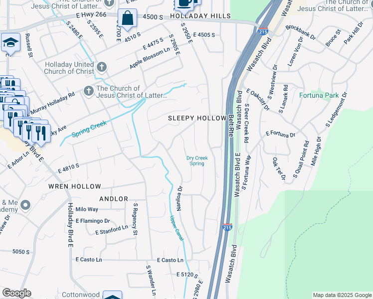 map of restaurants, bars, coffee shops, grocery stores, and more near 4740 Bron Breck Street in Holladay