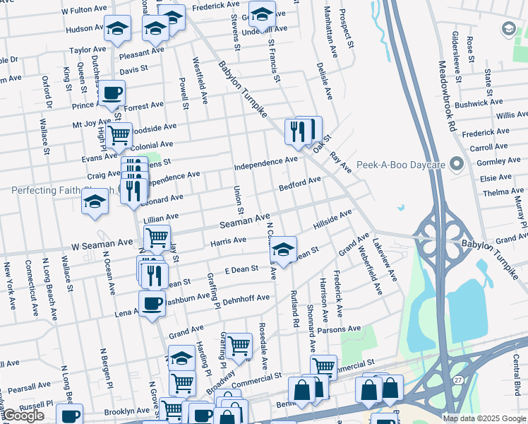 map of restaurants, bars, coffee shops, grocery stores, and more near 151 East Seaman Avenue in Freeport