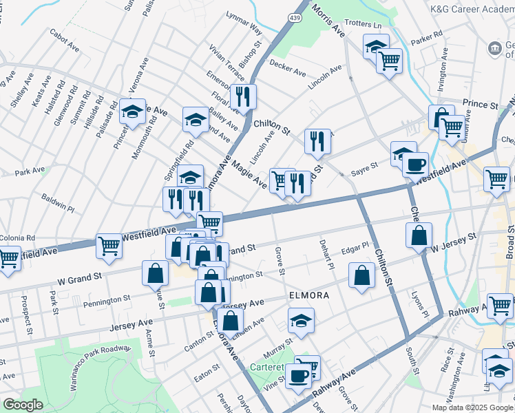 map of restaurants, bars, coffee shops, grocery stores, and more near 415 New Jersey 28 in Elizabeth