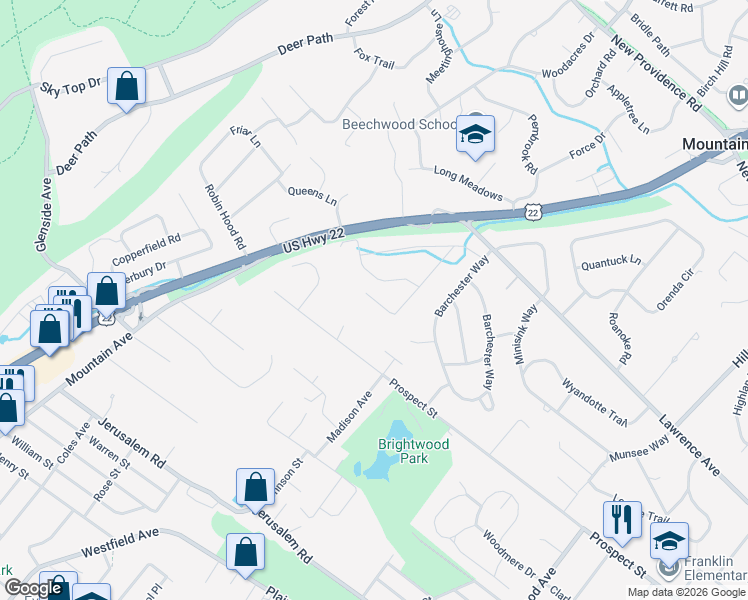 map of restaurants, bars, coffee shops, grocery stores, and more near 1618 Rising Way in Mountainside