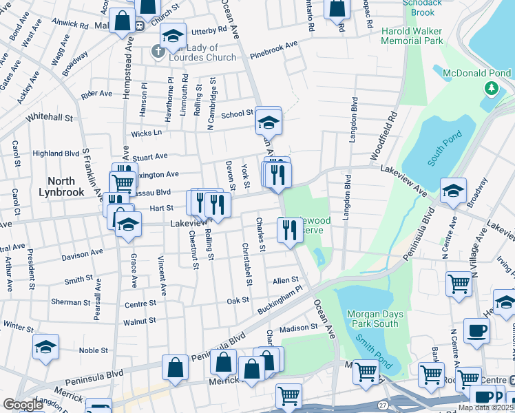 map of restaurants, bars, coffee shops, grocery stores, and more near 32 Clifford Street in Lynbrook